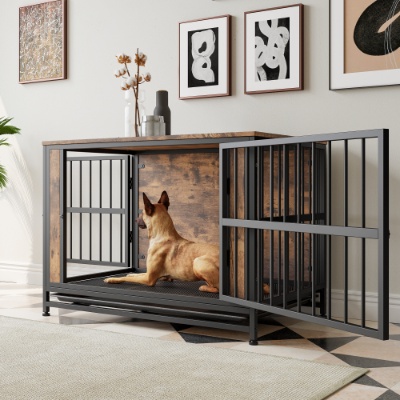 Dog Crate Furniture, Wooden Dog Crate Table, 38.9 Dog Kennel With 2 Sliding Doors And Thick Iron Door Frame, Decorative Pet Crate House For Large Medium Small Dog Indoor Use  Rustic Brown